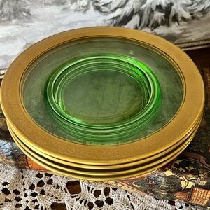 Set of 4 Antique Green Uranium Glass Plates w/ Gold Encrusted Rim, Tiffin